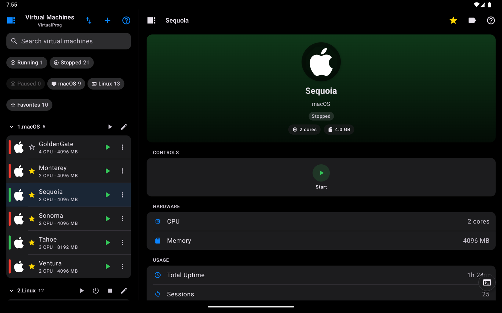 Android tablet with the sidebar hidden, showing only the VM list and VM details