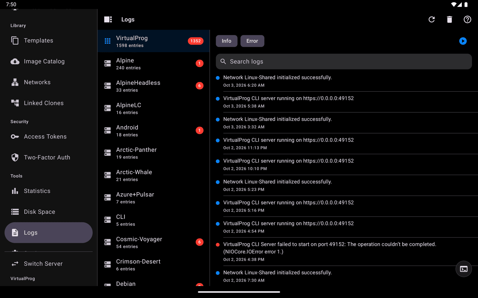 Android tablet Logs with the source list on the left and entries on the right