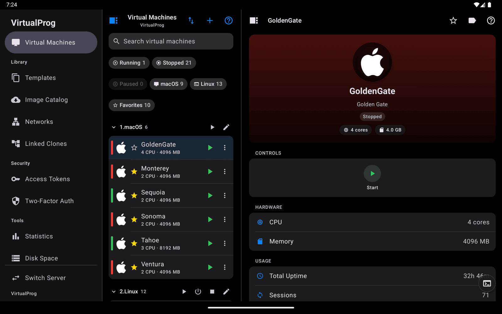 Android tablet with the sidebar, VM list and VM details side by side