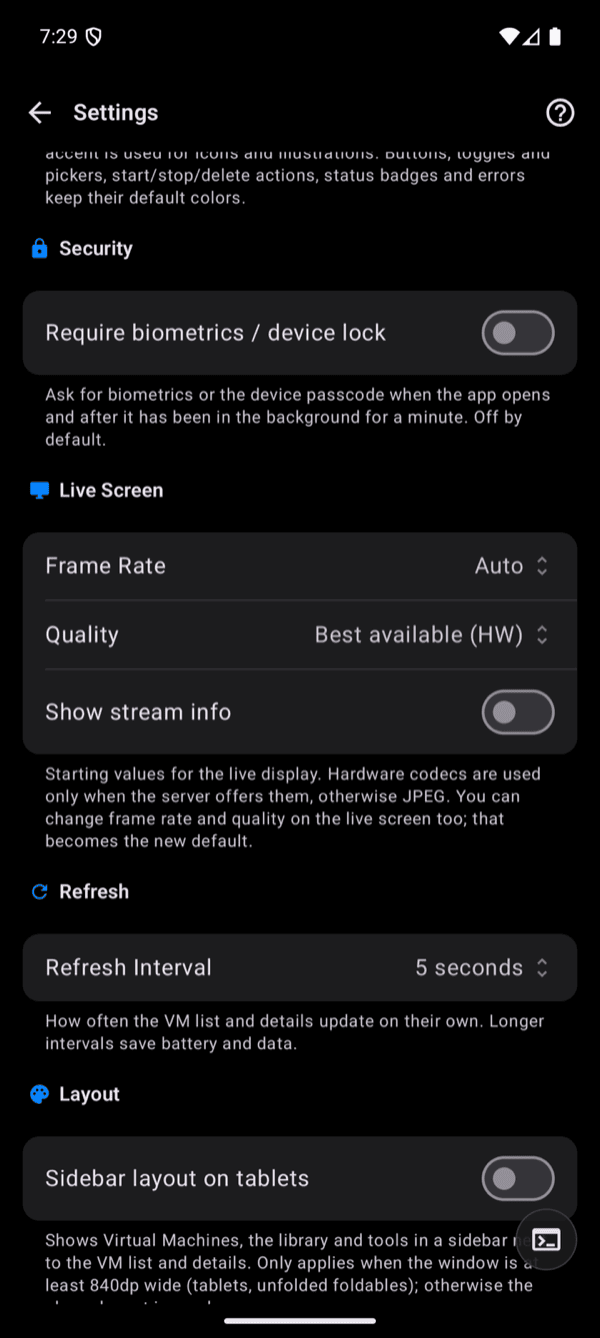 Android Settings showing Security, Live Screen, Refresh and Layout