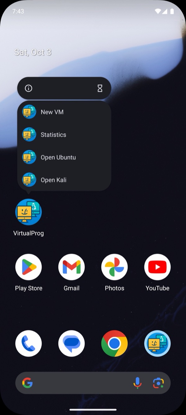 Android home screen with the VirtualProg icon menu open