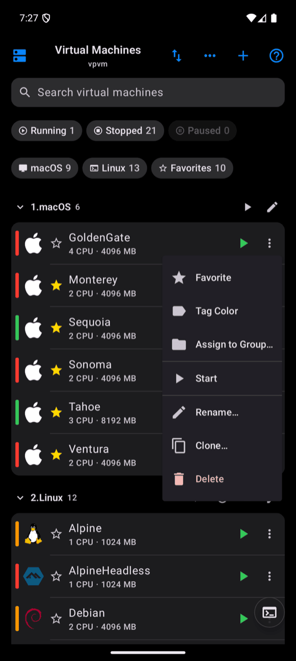 Android VM list with a row menu open