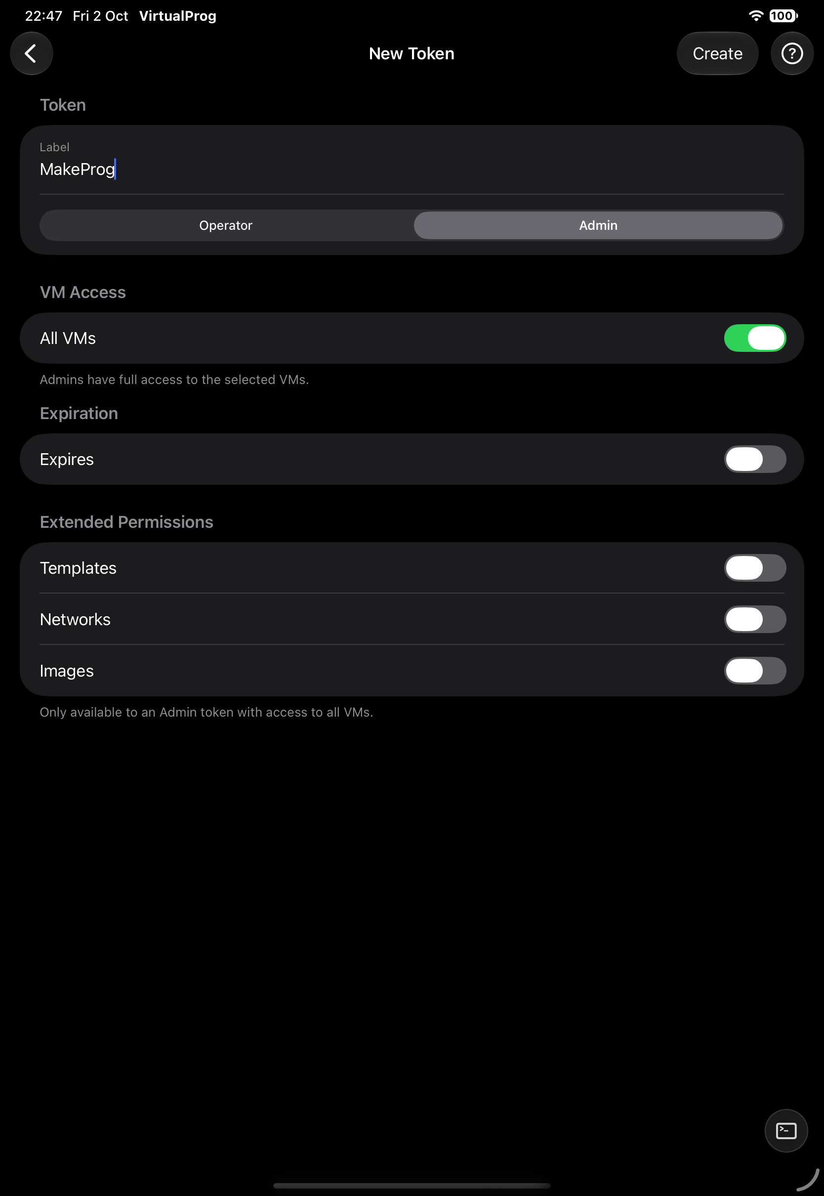 Create Token form with Label/Role/VM Access fields