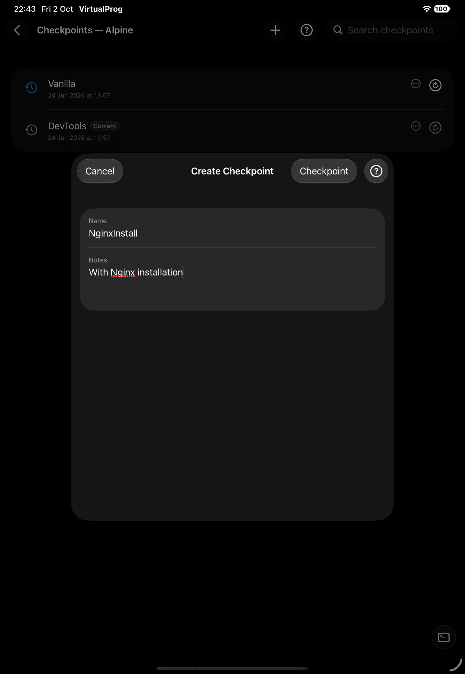 Create Checkpoint sheet with name/notes fields