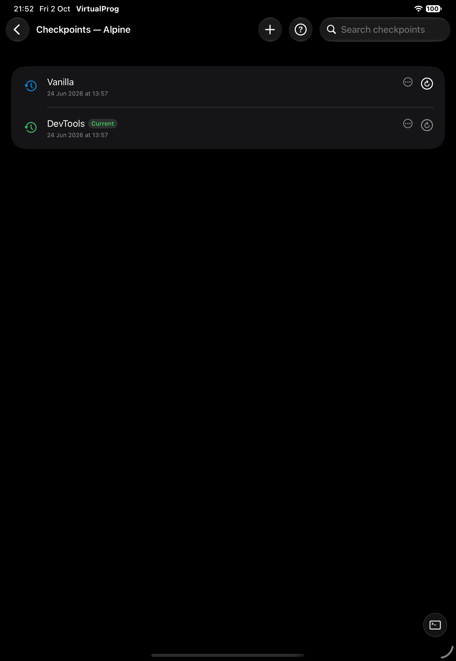 Checkpoints list for a VM with several checkpoints, newest marked Current