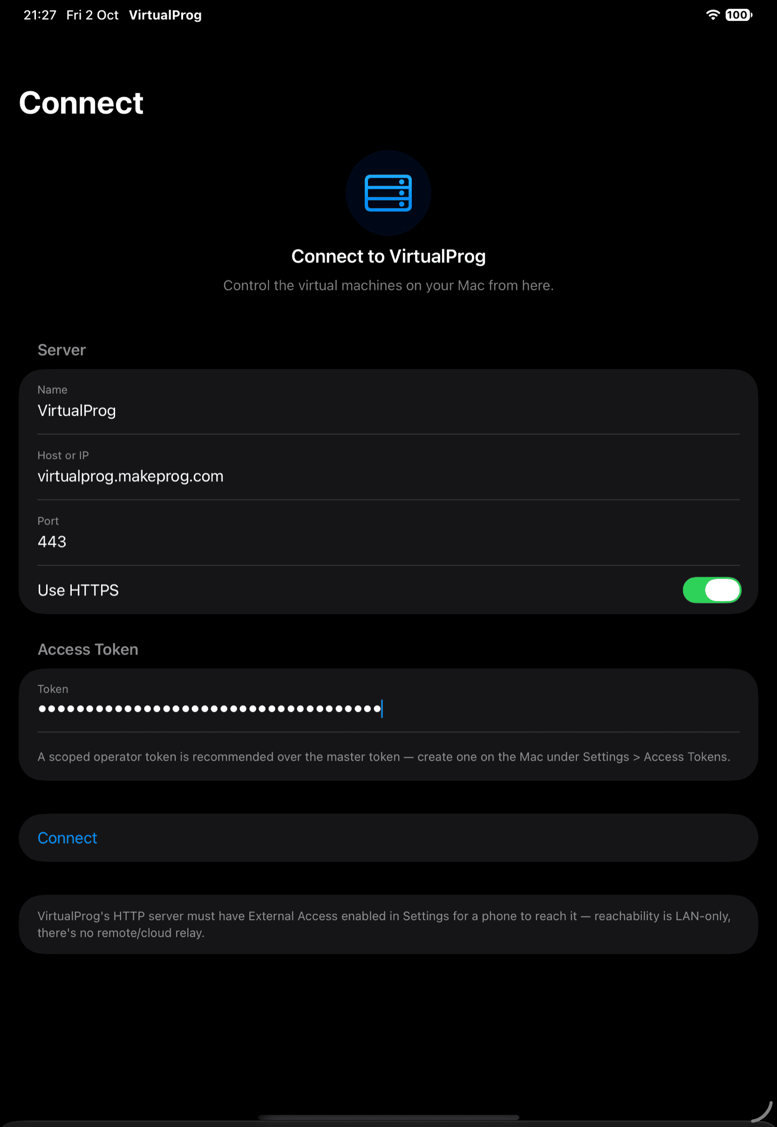 First-run Connect form with Host/Port/Token fields filled in