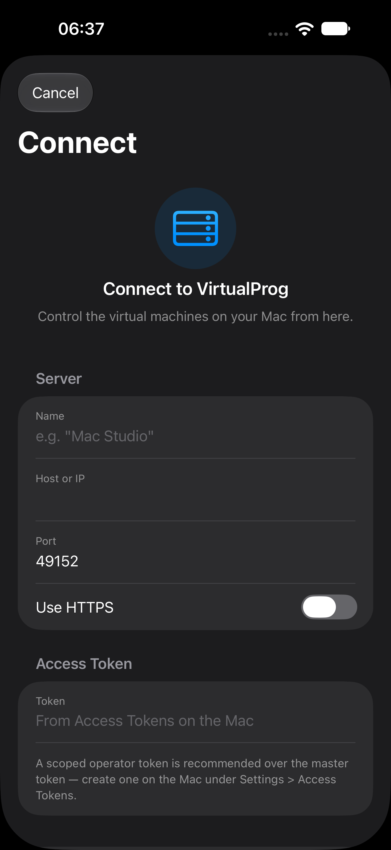 Connect screen