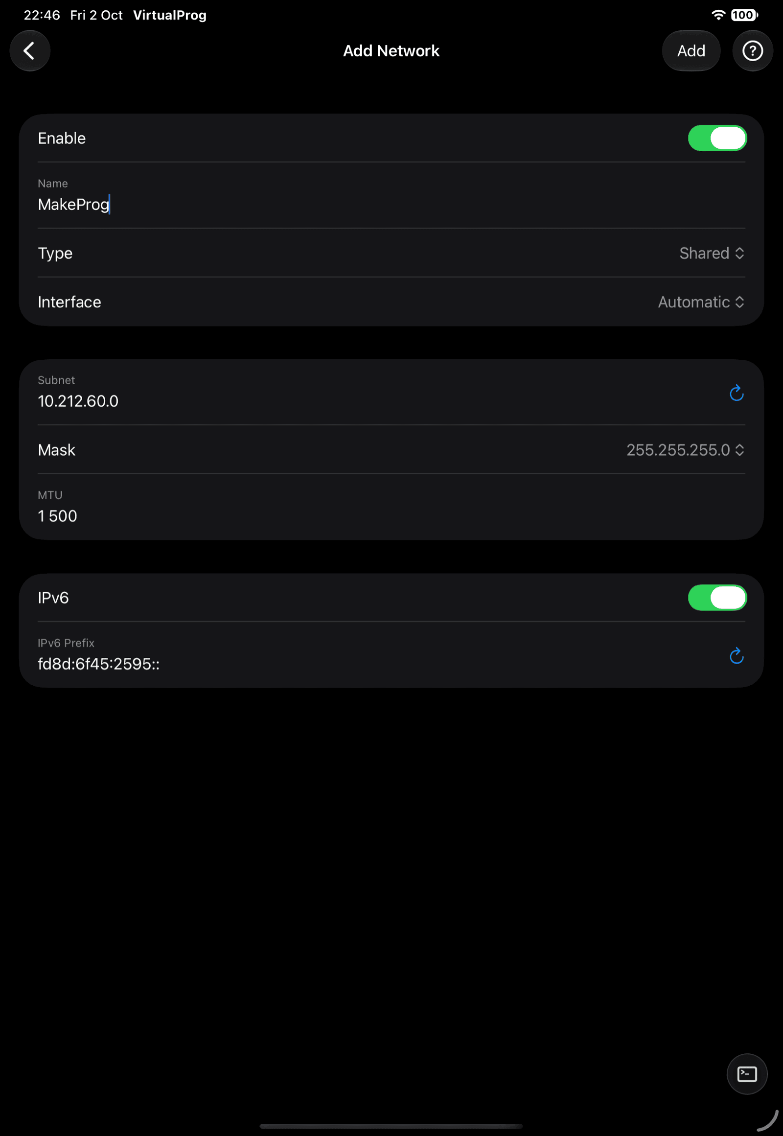 Add Network form with Interface/Subnet/Mask/MTU fields