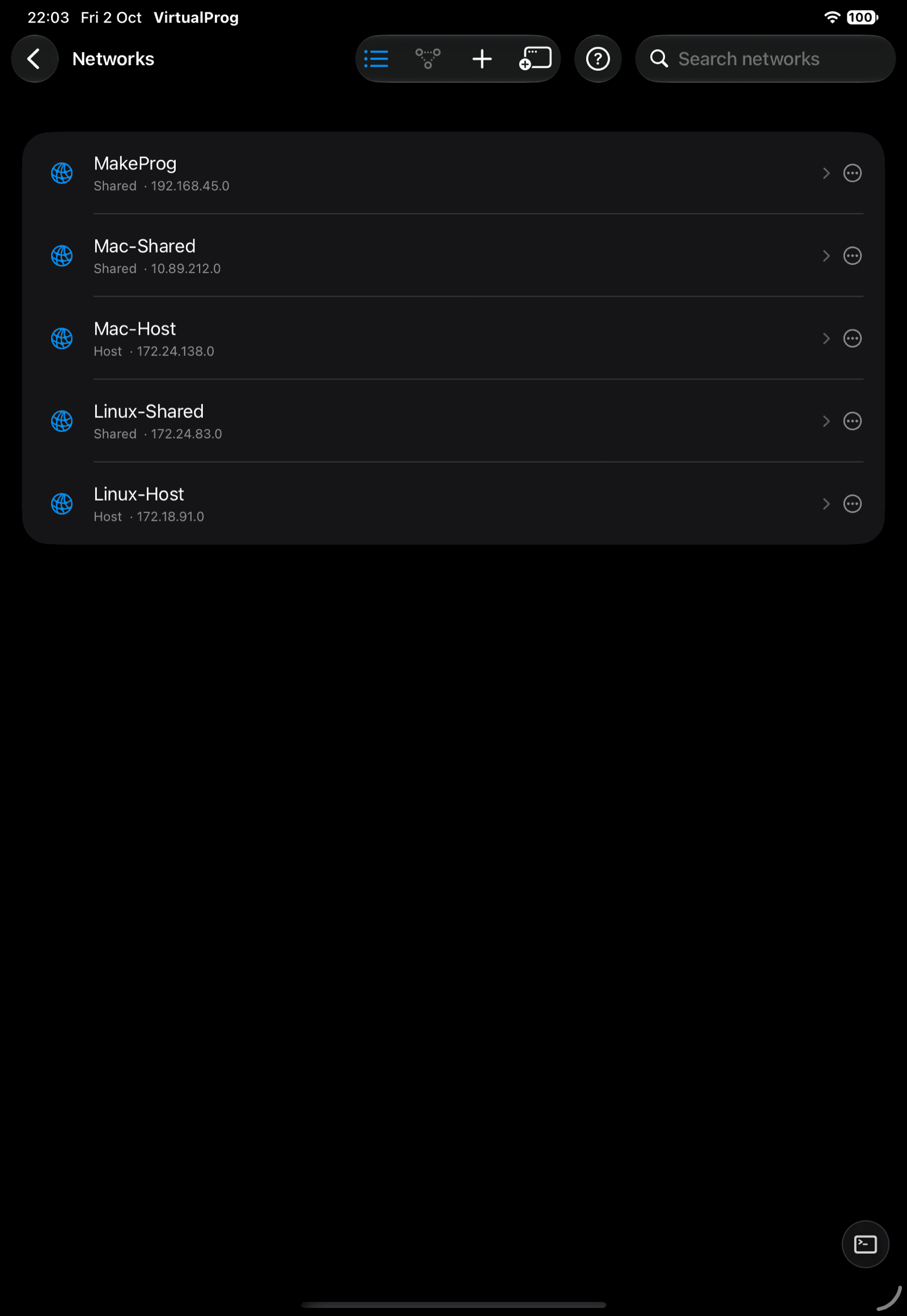 Networks screen in List view with a couple of networks