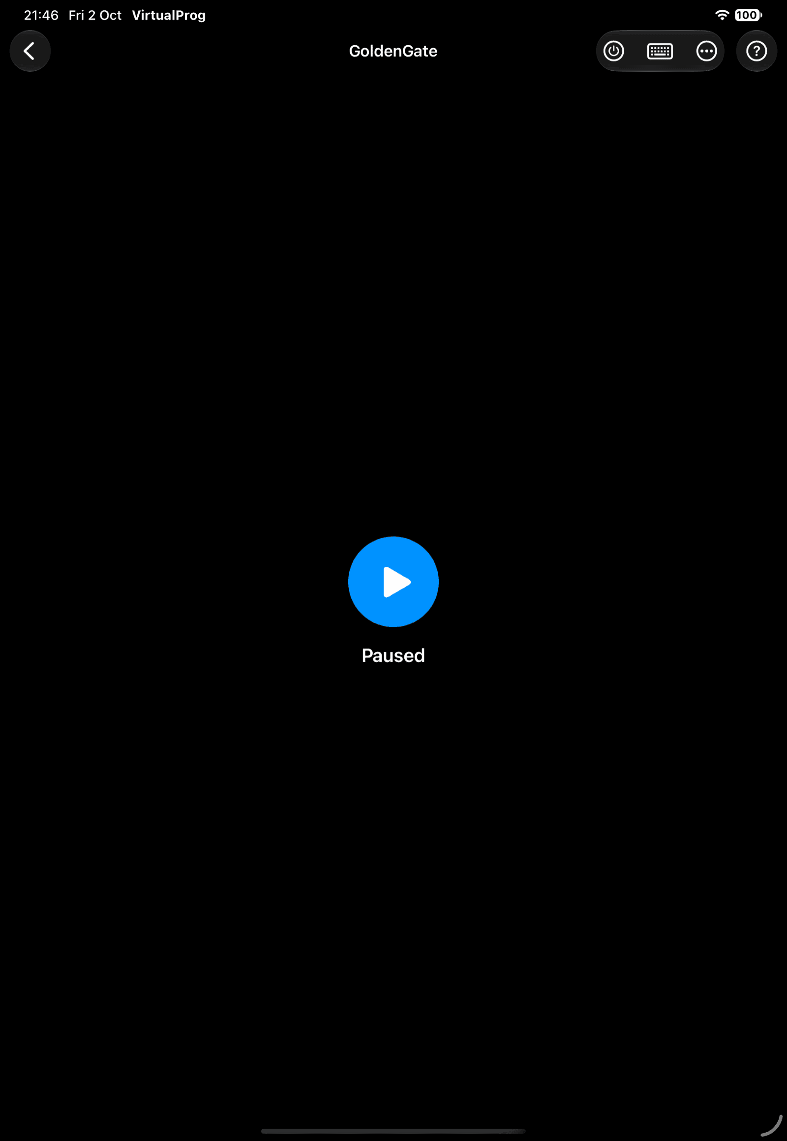 Live Screen showing the Paused/Suspended/Stopped state with the big Play button