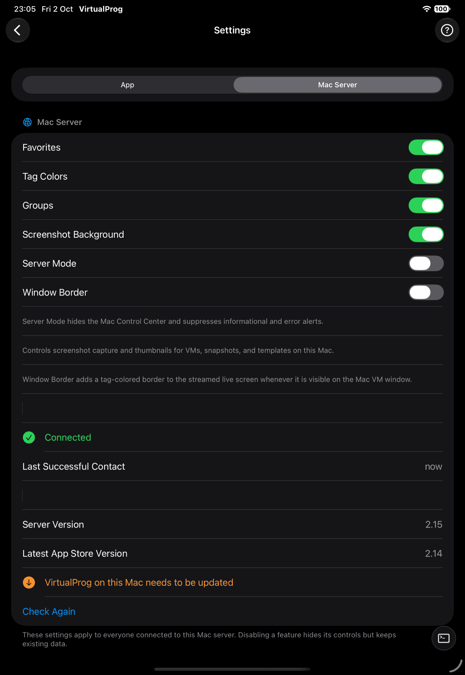 Mac Server settings tab including the Connection Status row