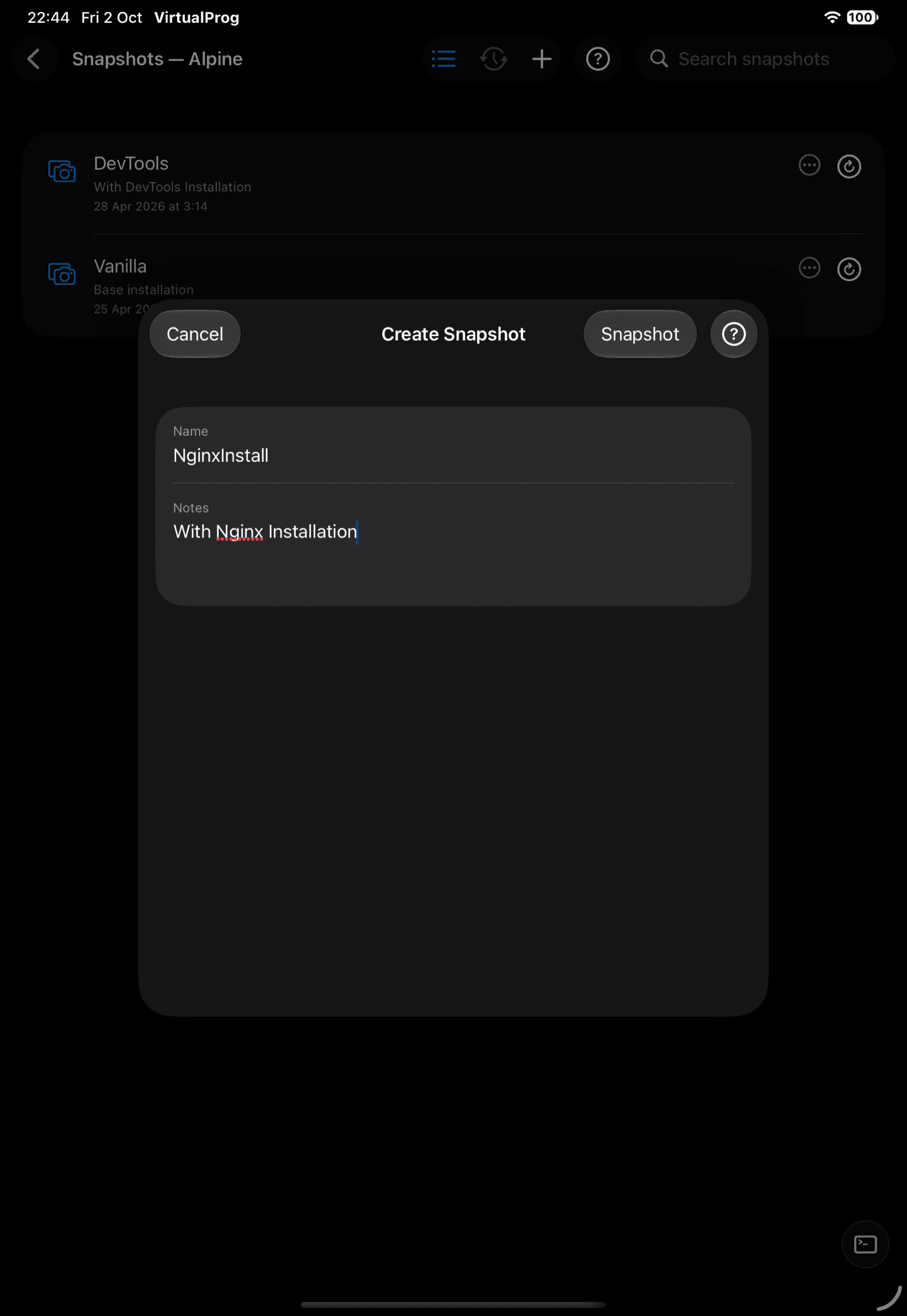 Take a Snapshot sheet with name/notes fields