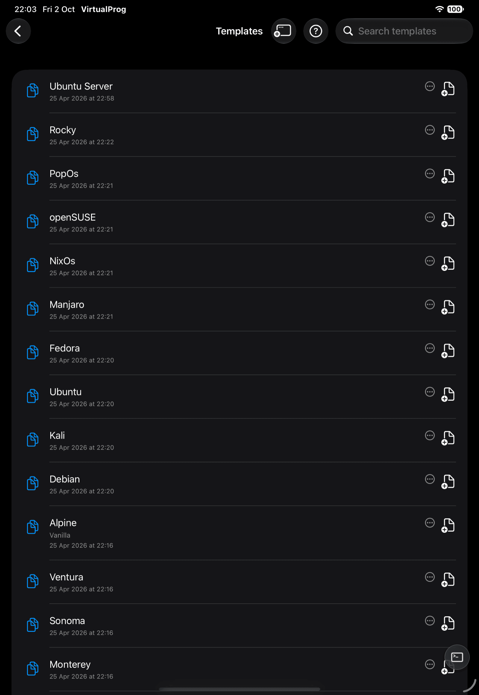Templates list with a couple of entries