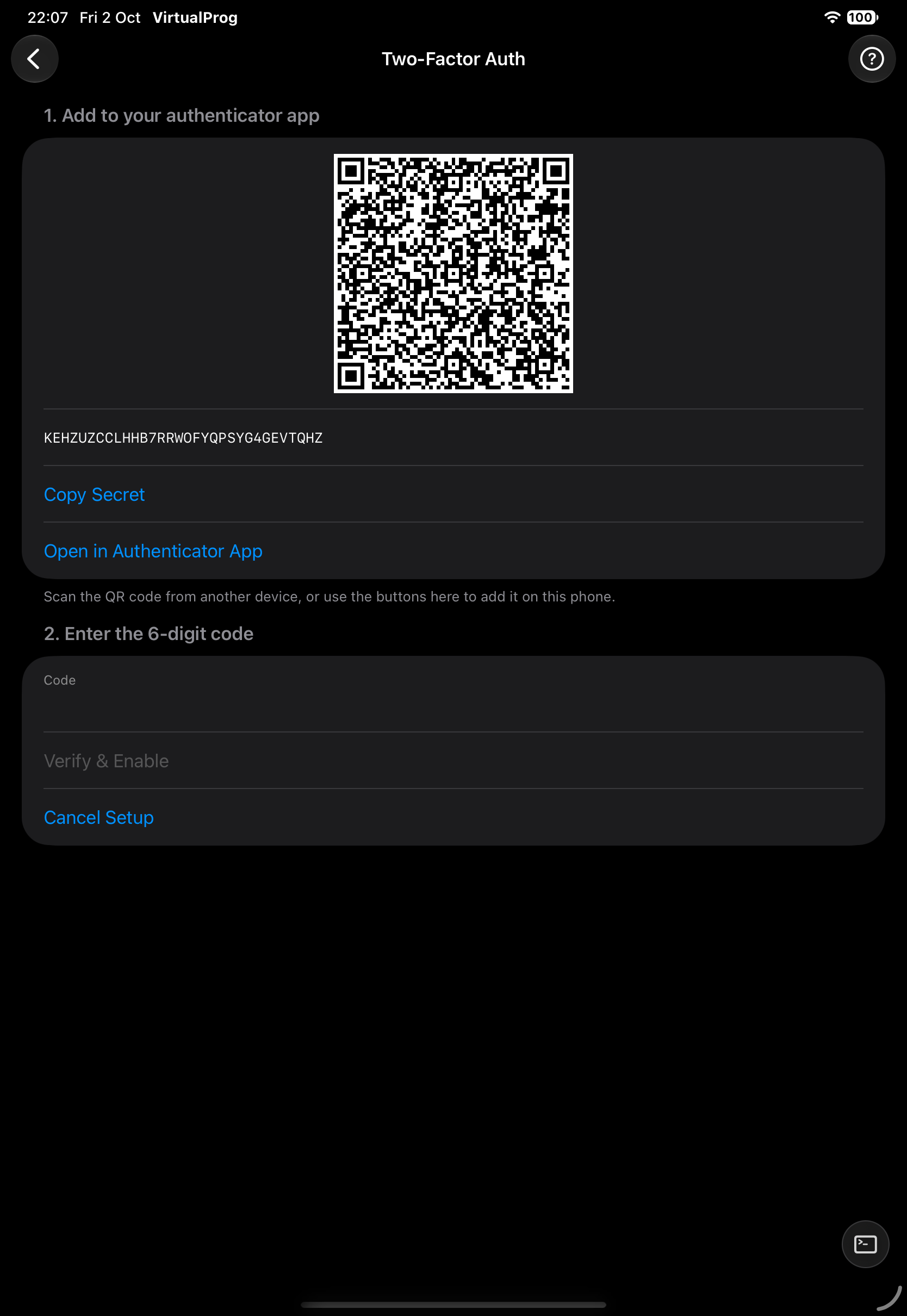 Two-Factor Auth setup screen showing the QR code step