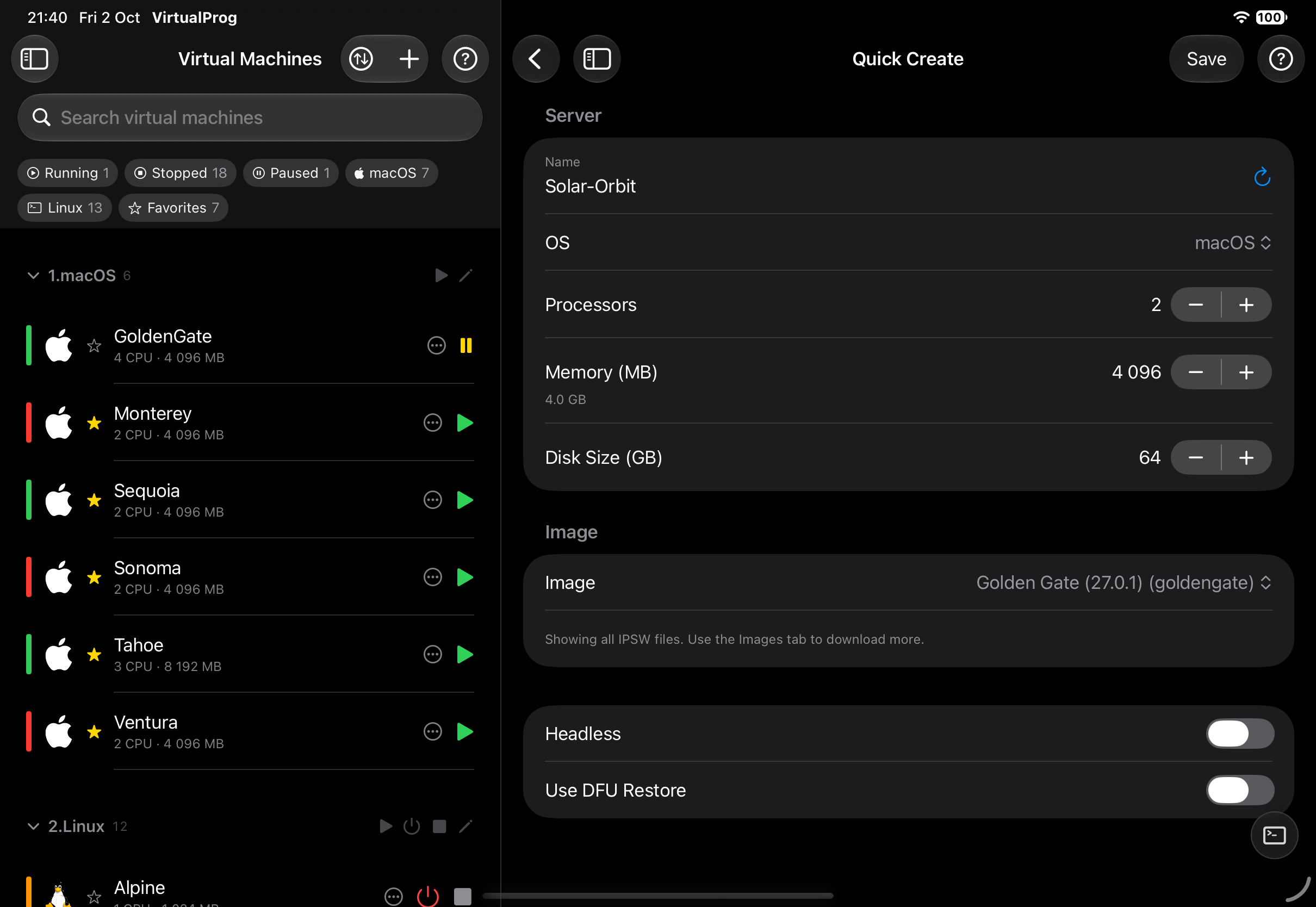 Quick Create form with OS/distro pickers filled in