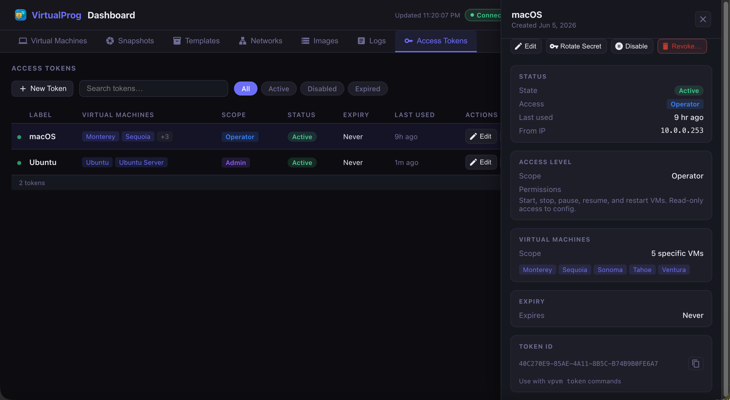 Web Dashboard - Access Tokens