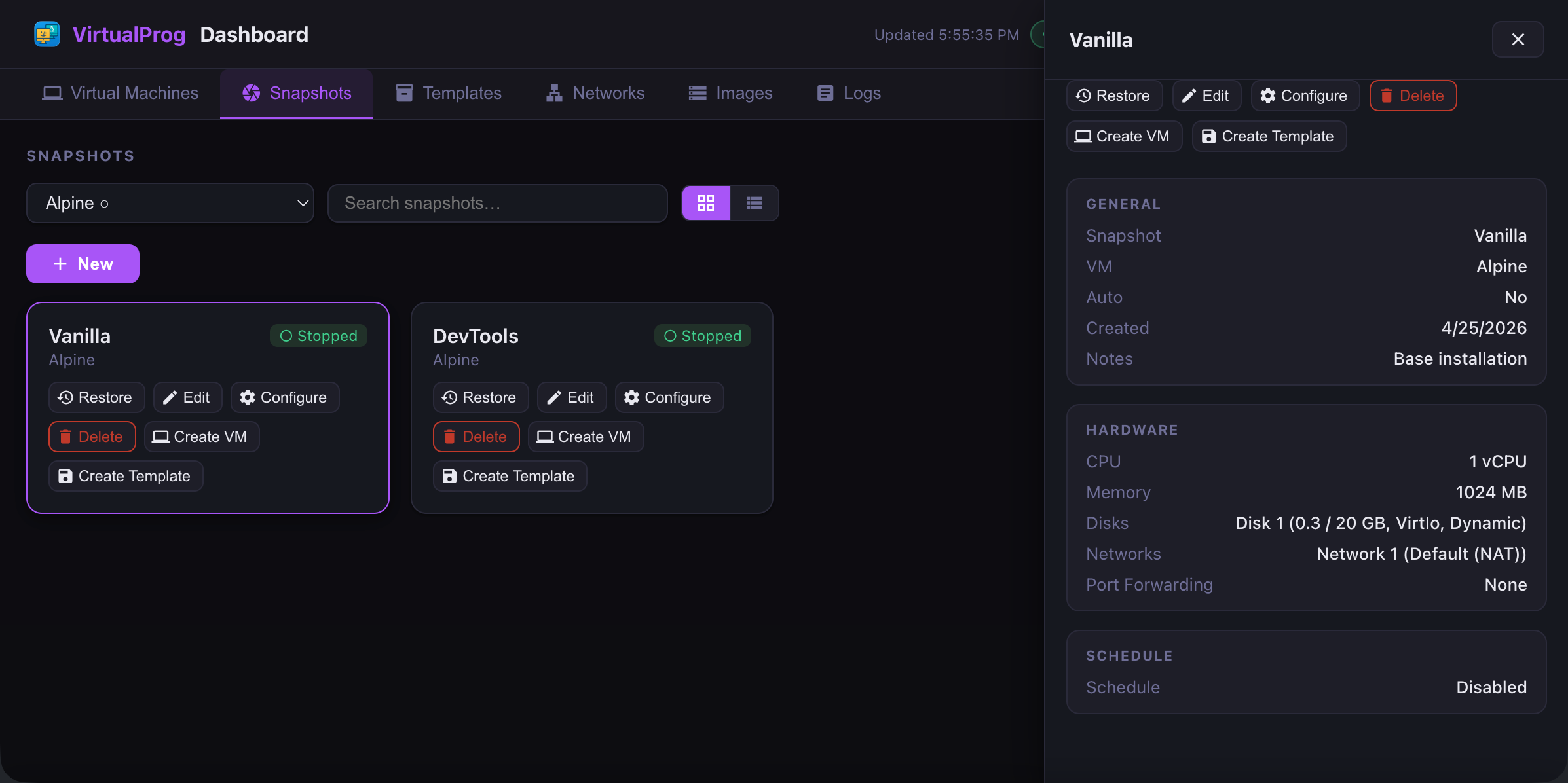 Web Dashboard - Snapshots