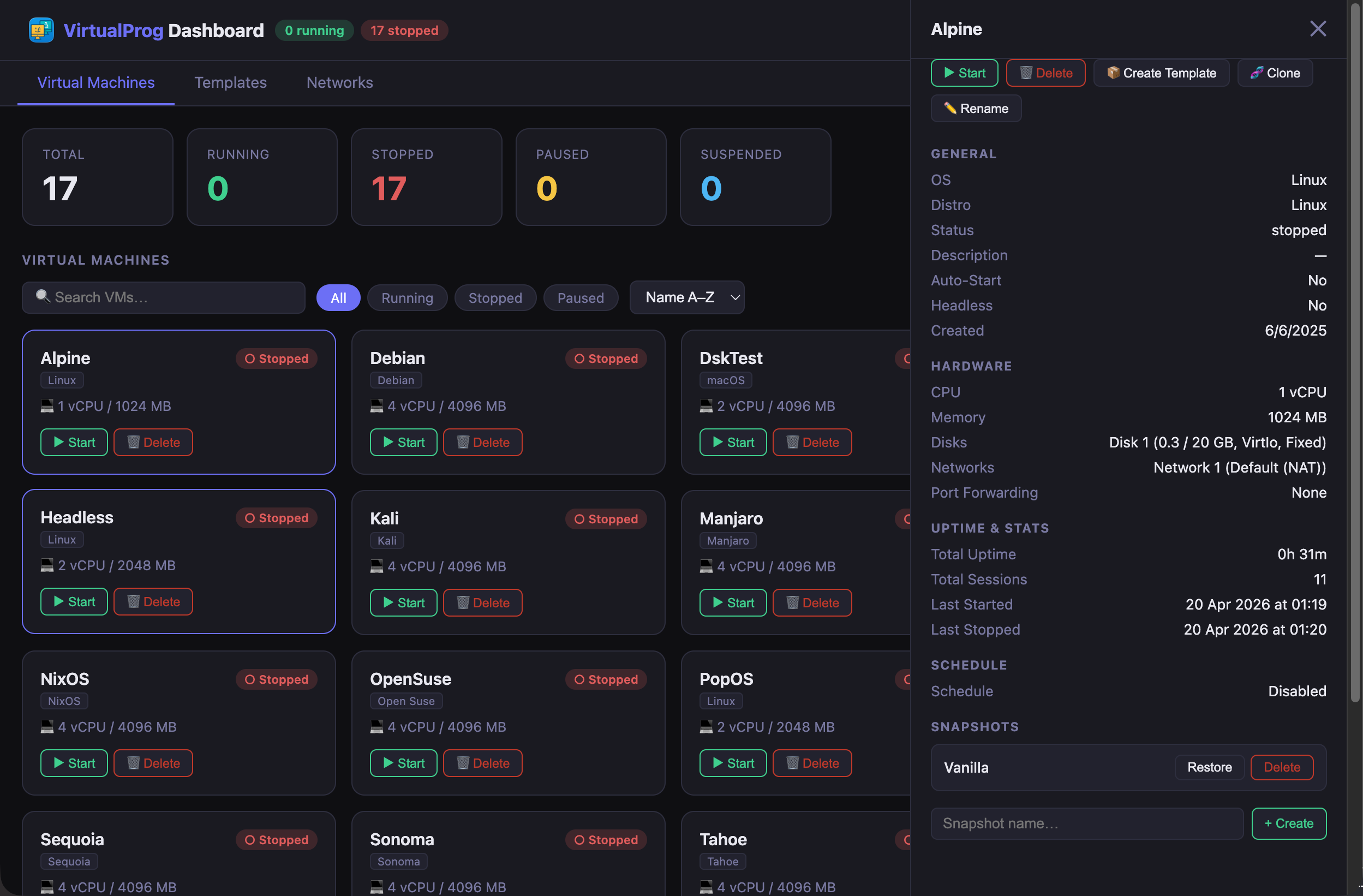 Web Dashboard - Virtual Machines
